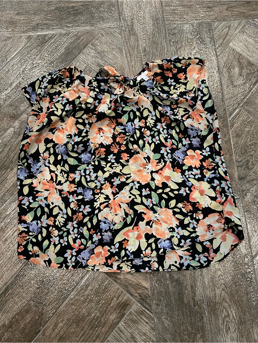 LC Lauren Conrad Black Floral Blouse with Peach & Green